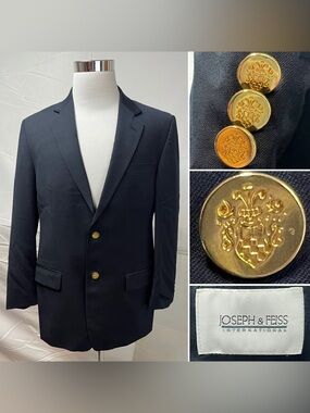Joseph & Feiss Men’s 40R Navy Wool Gold Button Blazer Jacket Sport Coat